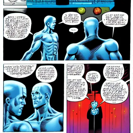 Image similar to A panel from a comic, of Doctor Manhattan reaching out his hand to create new life, in the art style of Dave Gibbons.