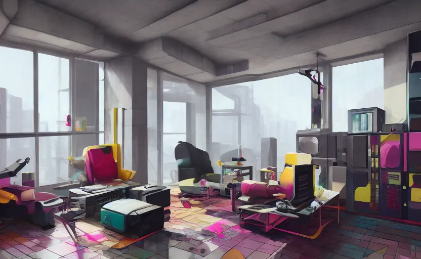 Image similar to Interior shot of a futuristic brutalist studio apartment with computers and colourful furniture by Petros Afshar and Beeple, James Gilleard, Mark Ryden, Wolfgang Lettl highly detailed