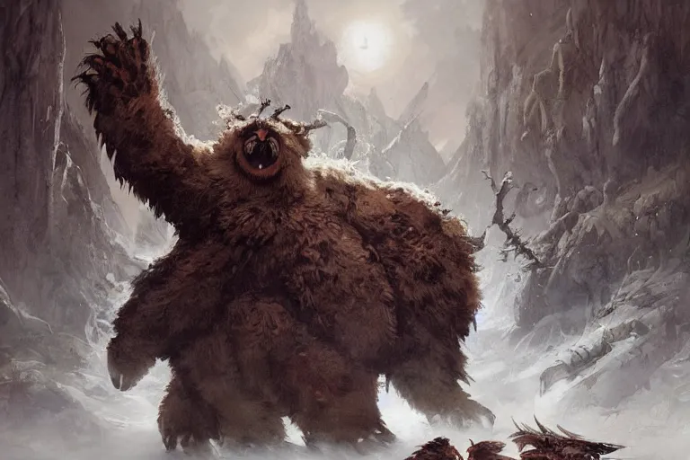 Image similar to An awesome painting of an intimidating large owlbear encounter, video game concept art by Jean Baptiste Monge, Brian Froud, Wizards of the Coast, Magic The Gathering, Blizzard, Games Workshop, Greg Rutkowski, Craig Mullins, WETA, Elder Scrolls.