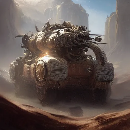 Image similar to detailed portrait of a double barreled mammoth tank, fantasy, intricate, elegant, highly detailed, digital painting, artstation, concept art, matte, sharp focus, illustration, art by aenaluck and roberto ferri and greg rutkowski, epic fantasy, digital painting