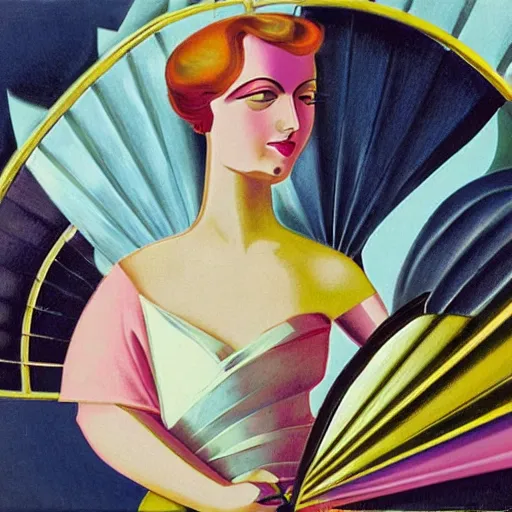 Image similar to lady with a fan, art deco surrealism