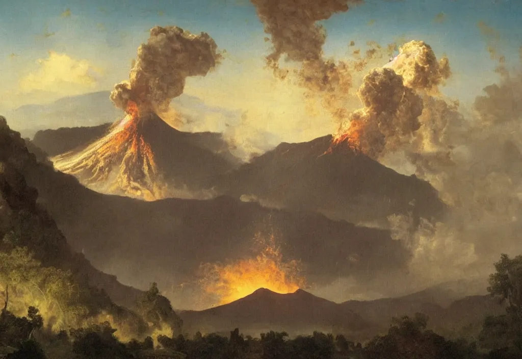 Prompt: a beautiful painting of a volcano oozing lava, pyroclastic clouds forming in the background there are other mountains and a thick forest, there's a lake in the foreground by albert bierstadt, high resolution, excellent contrast, morning