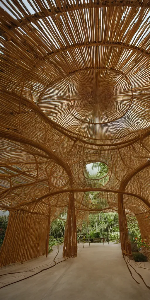 Prompt: inside small pavilion made of bifurcated bamboo. kudless, complex curved intersecting vaulted structure. bundled columns branching recursively into roof. futuristic hydroponic garden, concrete floor. architectural photography. 4 k, 8 k. volumetric lighting.