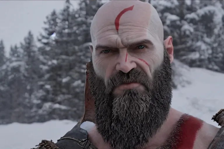 Prompt: vfx movie live action god of war closeup, natural grizzled skin, tough bald man in furs, grey beard, in snowy tahoe by emmanuel lubezki