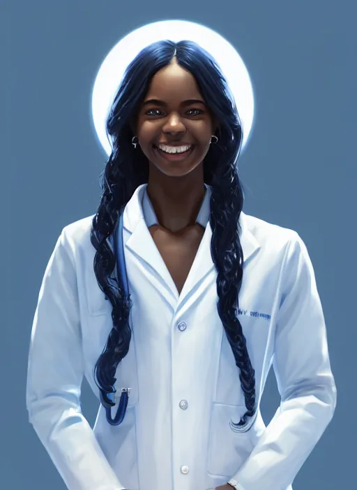 Prompt: full body portrait of young black woman with as a doctor, blue scrubs and white coat, intricate, beaming smile, angelic halo, highly detailed, digital painting, artstation, concept art, smooth, sharp focus, illustration, art by wlop, mars ravelo and greg rutkowski