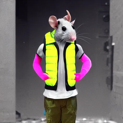 Image similar to a rat wearing a puffer vest, synthwave