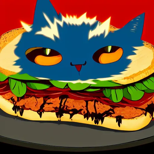 Prompt: giant carnivorous sandwich chasing the scared cat, artstation hq, dark phantasy, stylized, symmetry, modeled lighting, detailed, expressive, created by hayao miyazaki