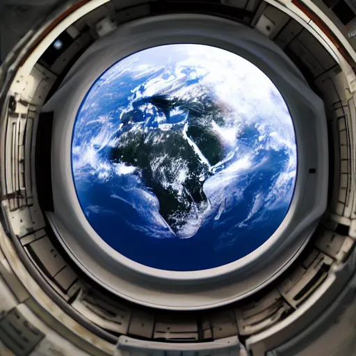 Image similar to planet earth through a window in a space station, digital art, unsaturated, matte, in the style of interstellar