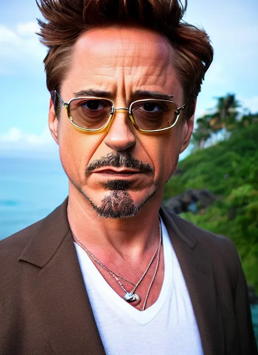 Image similar to a full portrait photo of robert downey jr holiday in bali, f / 2 2, 3 5 mm, 2 7 0 0 k, lighting, perfect faces, award winning photography.