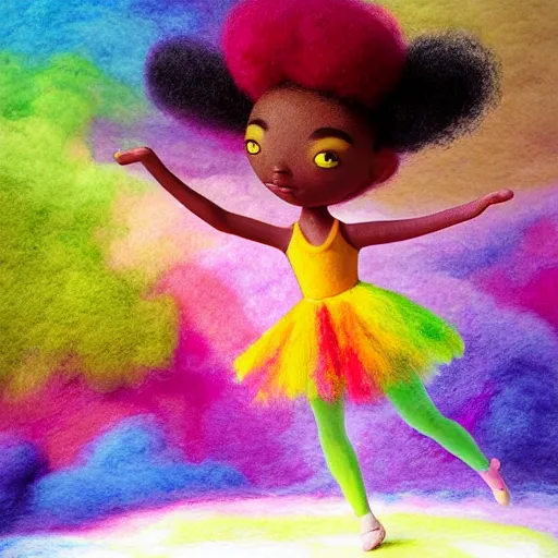 Prompt: a black girl with a colorful afro and rainbow eyes doing ballet, bright colours, bokeh!! watercolor, volumetric wool felting, macro photography, children illustration, by goro fujita