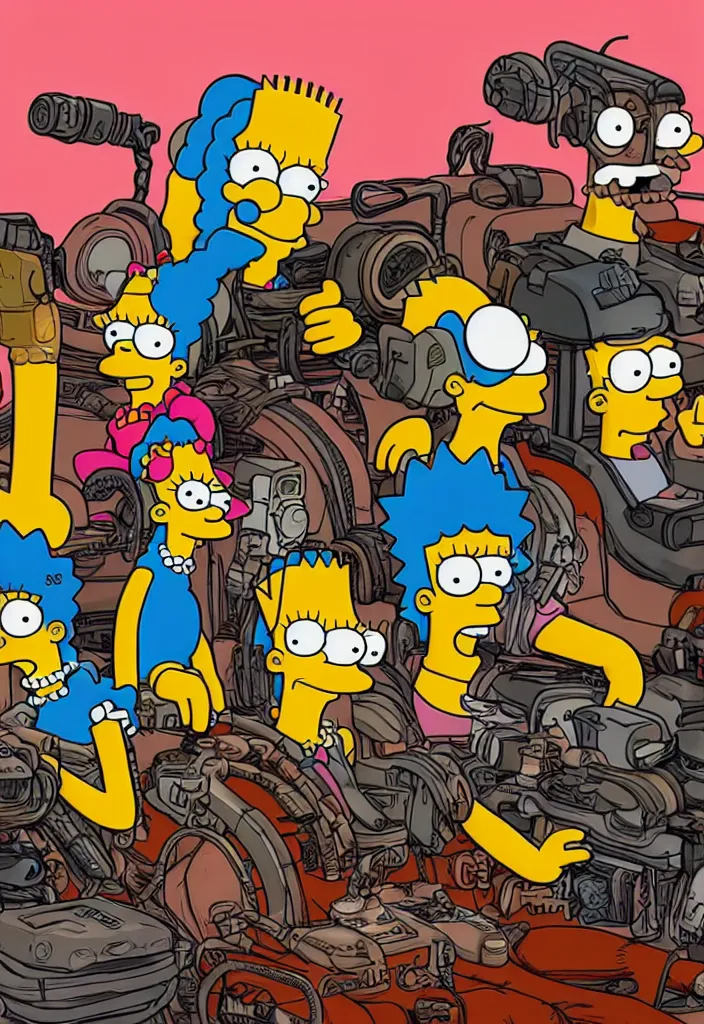 Image similar to Homer, Marge, Bart and Lisa Simpson in Fury Road Road Warrior movie, borderlands 4k render