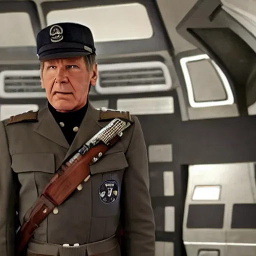 Image similar to A still of Harrison Ford as Commander Adama in Battlestar Galactica (2003), wearing a dark blue colonial uniform