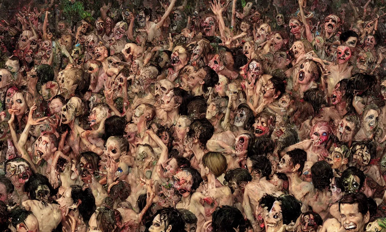 Prompt: a detailed digital art portait of undead nymphs in a mosh pit, art by norman rockwell, pixar style