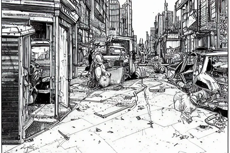 Image similar to Moebius drawing of a post apocalyptic city street