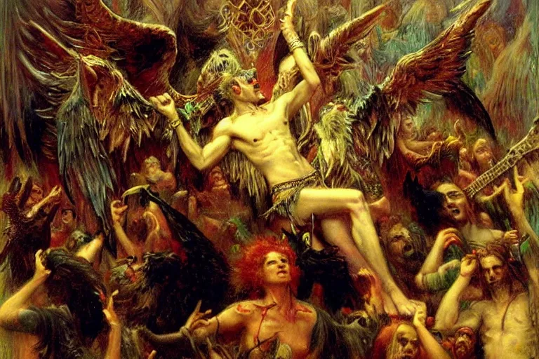 Image similar to punk rock paradise lost, lucifer playing guitar in pandemonium to a crowd of fallen angels. art by gaston bussiere.