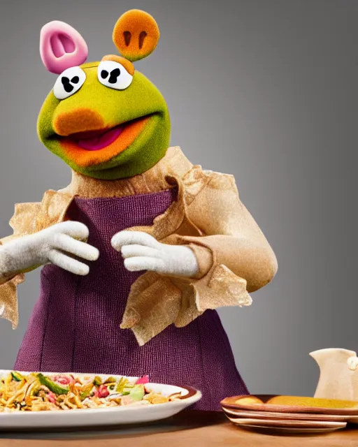 Image similar to photoshoot of muppet miss piggy preparing a meal, 8 k, photorealistic