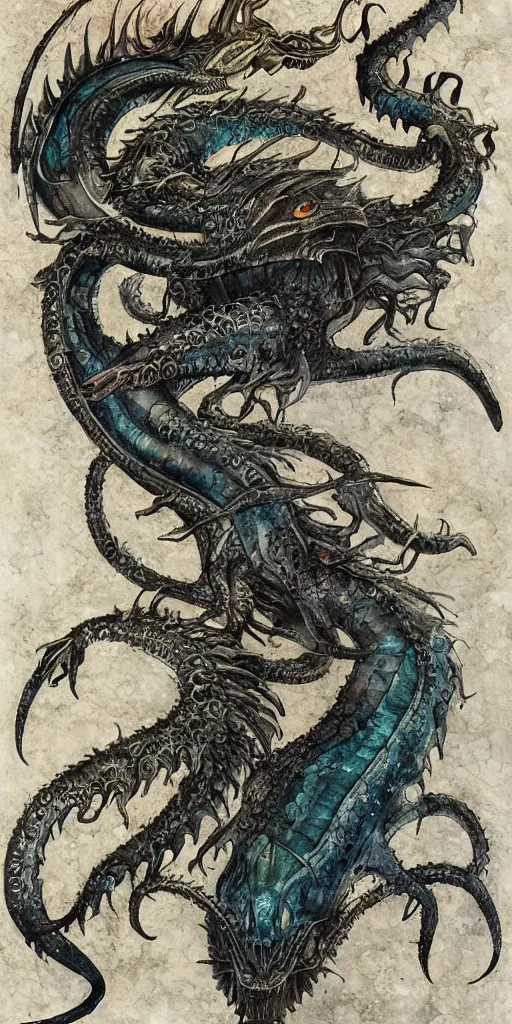 Prompt: a lovecraftian expressive water colour of a aetherpunk dragon by h. r giger in the style of oriental art, 8 k