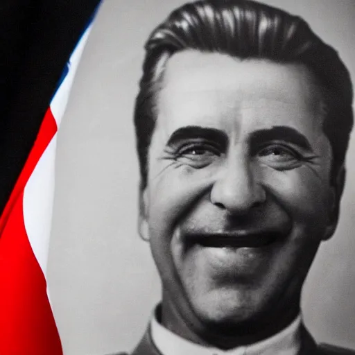 Prompt: hyper realist photograph of staline smiling with the ussr flag behind him, close up, face picture, 4 k, very detailed