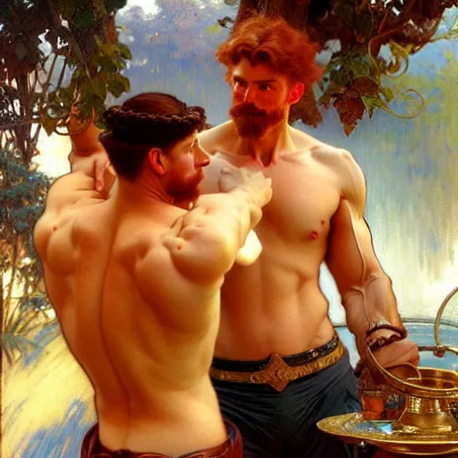 Image similar to attractive muscular mike with ginger hair and muscular attractive ty with brunet hair, drinking their hearts out, boys night out. highly detailed painting by gaston bussiere, craig mullins, j. c. leyendecker, alphonse mucha 8 k