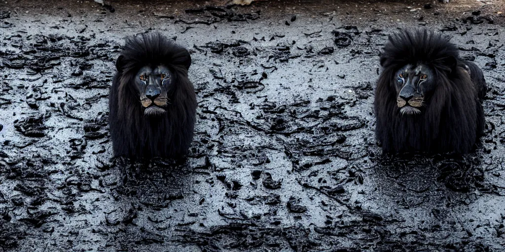 Image similar to the smooth black lion pack, made of smooth black goo, bathing in the black goo moat in the zoo exhibit, viscous, sticky, full of black goo, covered with black goo, splattered black goo, dripping black goo, dripping goo, splattered goo, sticky black goo. photography, dslr, reflections, black goo, zoo, exhibit