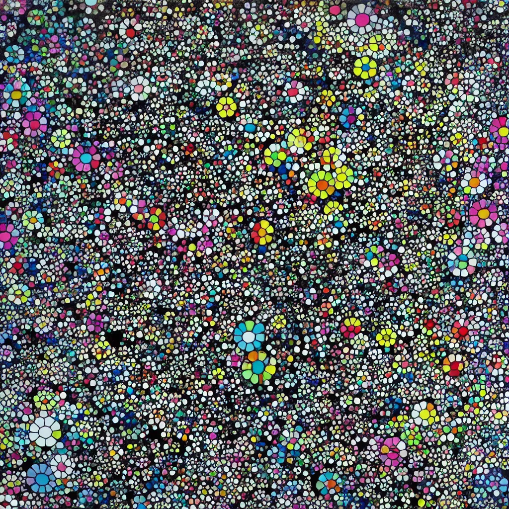 Prompt: camouflage made of love, style of takashi murakami, abstract, rei kawakubo artwork, cryptic, dots, stipple, lines, splotch, color tearing, pitch bending, color splotches, dark, ominous, eerie, minimal, points, technical, old painting