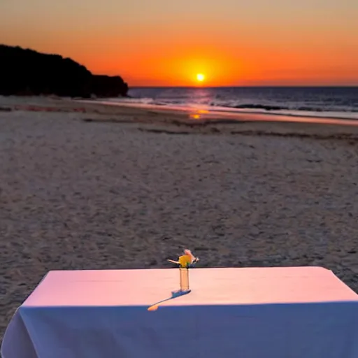 Image similar to photo of a empty white dish over a table with a sunset on the beach in the background