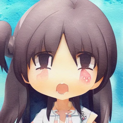 Prompt: beautiful water color concept art of face detailing cute nendoroid girl in the style of japanese animation , toon rendering, close-up, flat, lacking in three-dimensionality