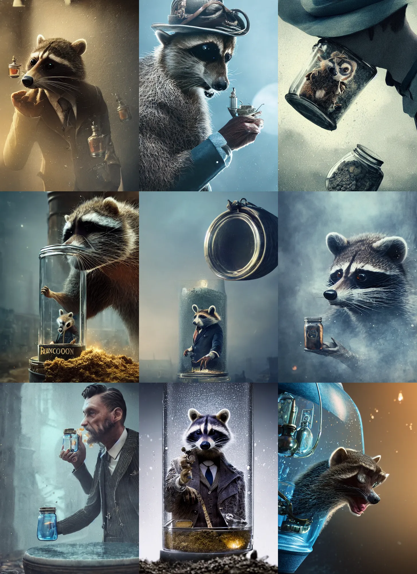 Prompt: racoon wearing peaky blinders suit inside a glass jar buried in sand, intricate detail, hyper detailed, ultra realistic, sharp focus, octane render, spiral, volumetric, ray tracing, artstation trending, blue moon, cgsociety, sense of awe, swirling mist, 4 k