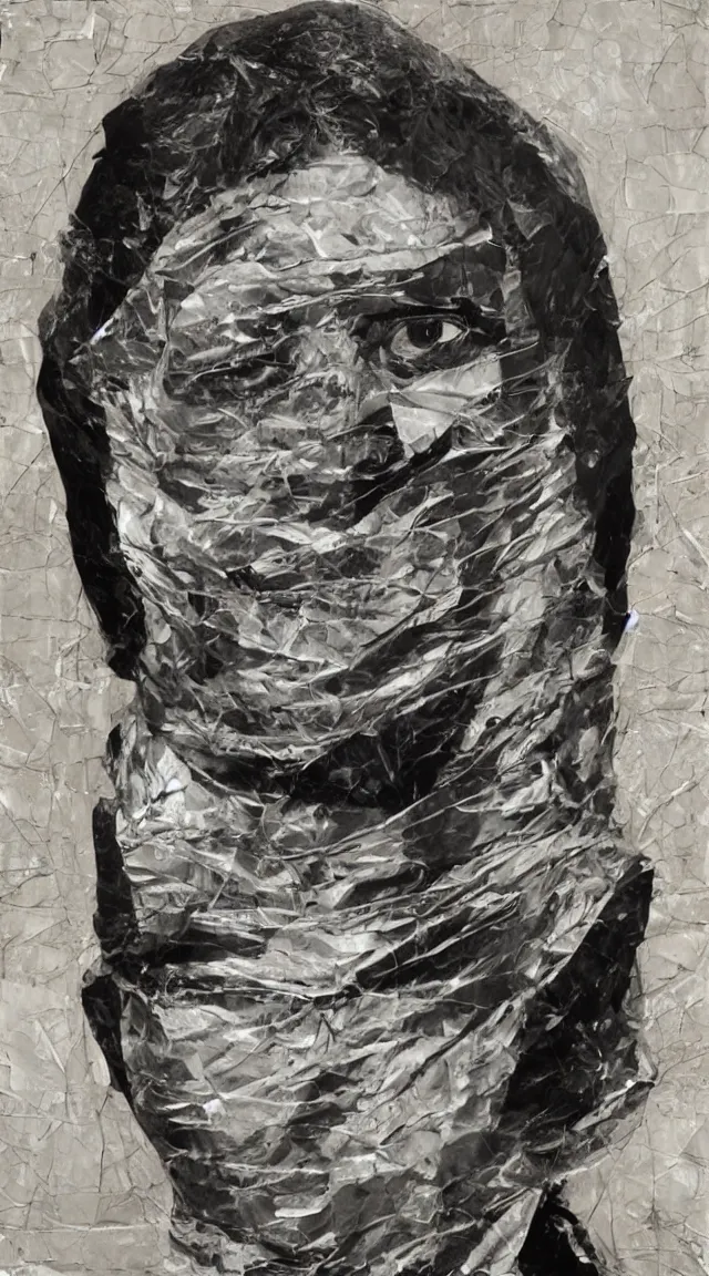 Prompt: a studio portrait of a head completely wrapped in duct tape.