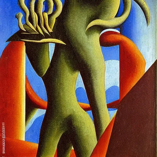 Image similar to An oil painting of a strange alien creature by Max Ernst and Giorgio de Chirico