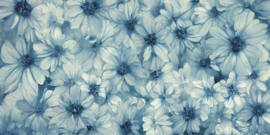 Prompt: light blue flowers at the bottom of the painting, white background, matte painting