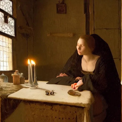 Image similar to elizabeth olsen, sitting in a dark kitchen in the medieval period, the only light illuminating is a candle on the desk, illustrated by gaston bussiere and johannes vermeer, artstation, cgsociety, artstation contest winner, artstation medieval, artstation fashion, 4 k, 8 k