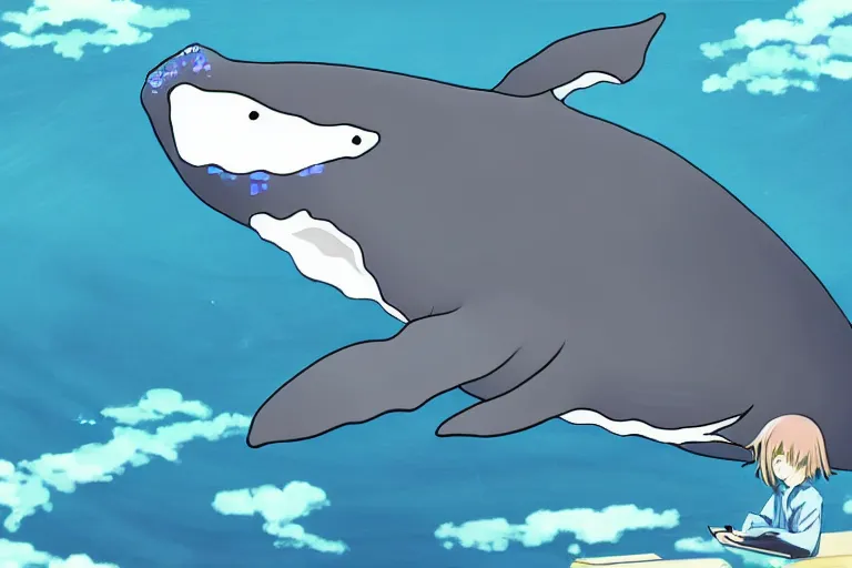 Image similar to anime whale using a computer, anime whale, anime screencap