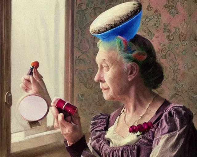 Image similar to an innocent and beautiful scene in hyper realistic style, about an old and lonely woman applying makeup in front of the camera, and modeling a victorian dress. a huge and colorful fish sits on her head.