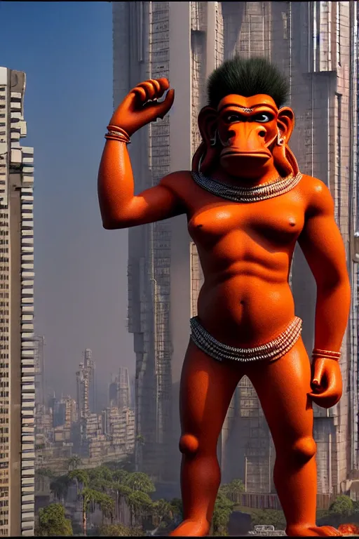 Image similar to high quality 3 d cyberpunk biomorphic hanuman! monument & buildings in mumbai!!, highly detailed, cinematic smooth, stephen shore & john j. park, soft morning light, wide shot, high angle, uhd 8 k, sharp focus