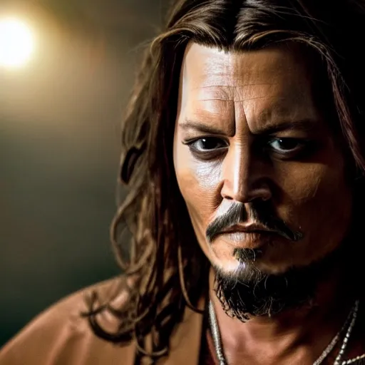 Image similar to stunning awe inspiring johnny depp as the jesus christ, movie still 8 k hdr atmospheric lighting