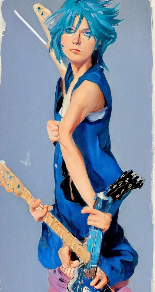 Prompt: portrait of a teenage rocker girl from the 9 0 s, blue hair, blue eyes, wielding a staff, in the style of joaquin sorolla, bill sienkiwicz, syd mead, atmospheric, detailed