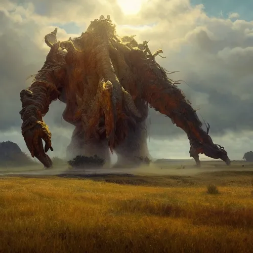 Image similar to enormous creature towering over the plains, seen from a distance, volumetric lighting, 8 k octane beautifully detailed render, post - processing, extremely hyper - detailed, intricate, epic composition, cinematic lighting, masterpiece, trending on artstation, masterpiece, stunning art by anders zorn, wonderful masterpiece by greg rutkowski, beautiful cinematic