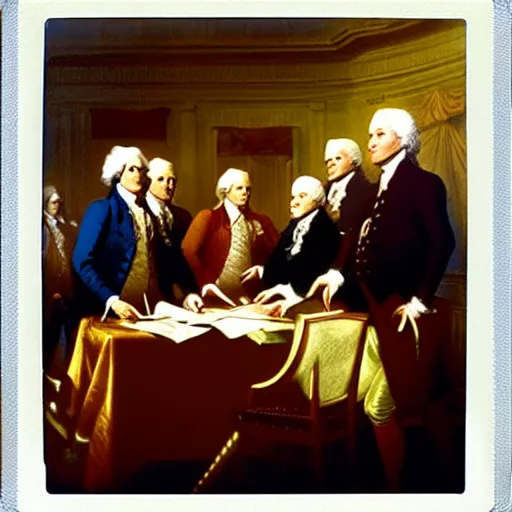 Prompt: Polaroid of the signing of the Declaration of Independence high detail photorealistic