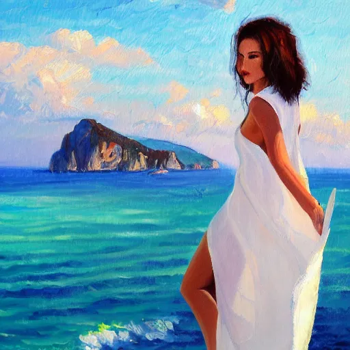 Image similar to slim cruel girl in wavy dress with white bob hair, elegant in italy, capri coast, sea, sunny day, summer, clouds on the sky, oil painting style,