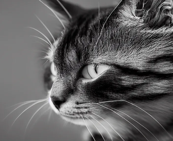 Image similar to 4 k hd, high detail photograph of black and white thin cat, shot with sigma f / 4. 2, 2 5 0 mm sharp lens, wide shot, consistent, isometric view, volumetric lighting, high level texture render