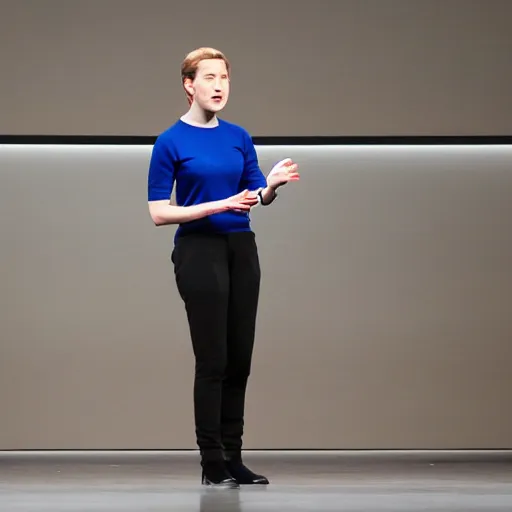 Image similar to photograph of a female mark zuckerberg giving a keynote speech on apple park