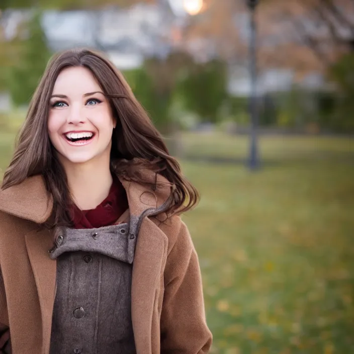 Prompt: a beautiful girl from minnesota, brunette, joyfully smiling at the camera opening her brown eyes. thinner face, irish genes, dark chocolate hair colour, wearing university of minneapolis coat, perfect nose, morning hour, plane light, portrait, minneapolis as background. healthy, athletic, in her early 2 8 s