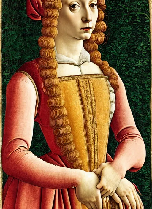 Image similar to portrait of young woman in renaissance dress and caul, art by sandro botticelli