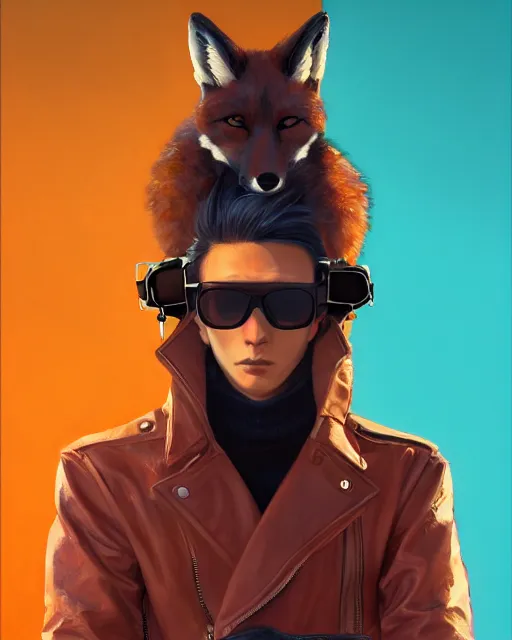 Prompt: anthropomorphic badass male fox wearing a leather jacket and sunglasses. Vivid colors, soft lighting, atmospheric, cinematic, moody, in the style of Ilya Kuvshinov and Range Murata, Krenz Cushart, rule of thirds, oil on canvas, 8k.