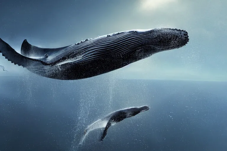 Image similar to a humpback whale flying over the NFL Super Bowl Stadium cinematic lighting by Jessica Rossier