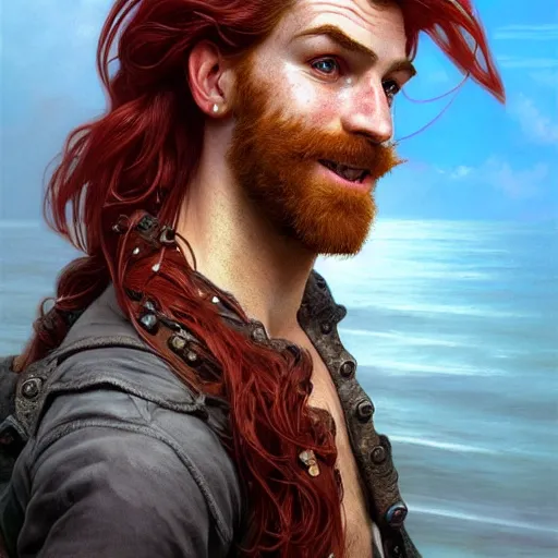 Prompt: portrait of a young ruggedly handsome but joyful pirate, soft freckles, male, masculine, upper body, red crimson hair, long long flowing hair, fantasy, proud smirk, intricate, elegant, highly detailed, digital painting, artstation, concept art, matte, sharp focus, illustration, art by artgerm and greg rutkowski and alphonse mucha