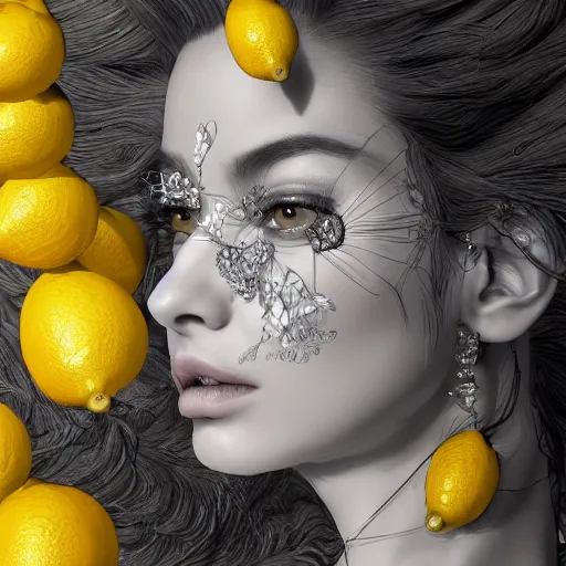 Image similar to the portrait of an absurdly beautiful, graceful, elegant, sophisticated, mature vixen made up of lemons looking up, an ultrafine hyperdetailed illustration by kim jung gi, irakli nadar, intricate linework, bright colors, octopath traveler, final fantasy, unreal engine 5 highly rendered, global illumination, radiant light, detailed and intricate environment