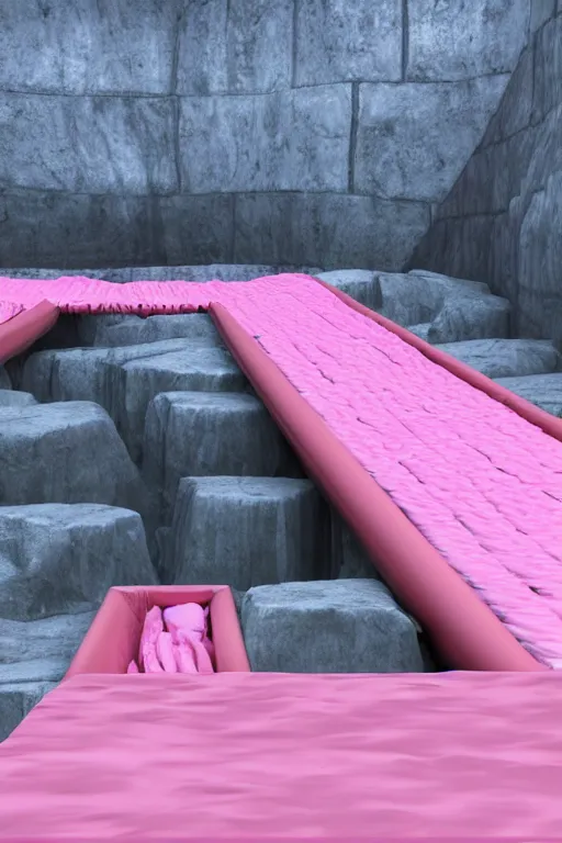 Prompt: conveyor belt transporting pink diapers into a giant pit, fantasy, magic, 4 k, ultra realistic, photorealism, detailed