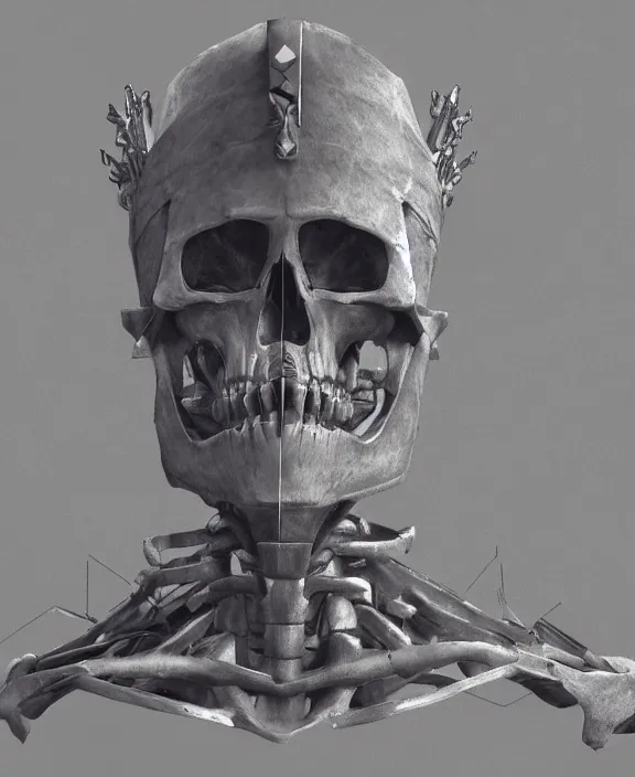 Image similar to a charcoal sketch of a cybernetically enhanced skeleton with a crown on his head, 4 k resolution, detailed, unreal engine, octane render, trending on artstation